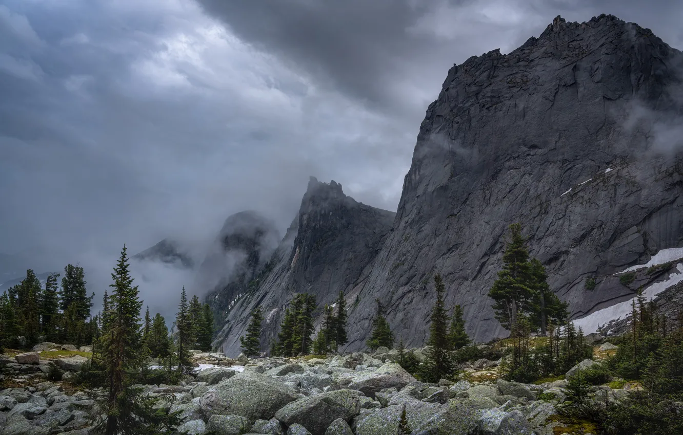 Photo wallpaper the sky, trees, mountains, clouds, nature, stones, overcast, rocks