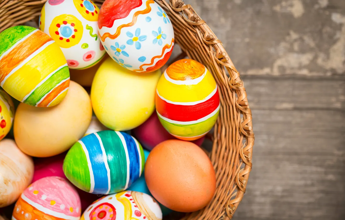 Photo wallpaper basket, colorful, Easter, wood, spring, Easter, eggs, holiday