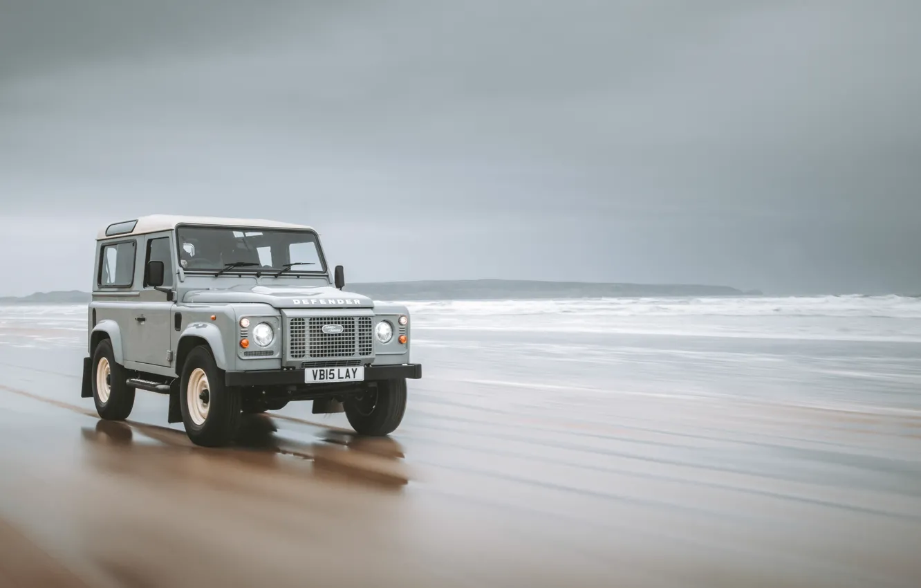 Photo wallpaper waves, Land Rover, sea, coast, Defender 90, Special model