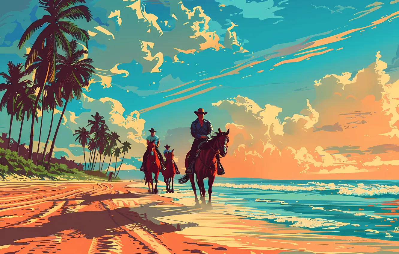 Photo wallpaper sand, sea, clouds, style, retro, palm trees, horse, Hawaii