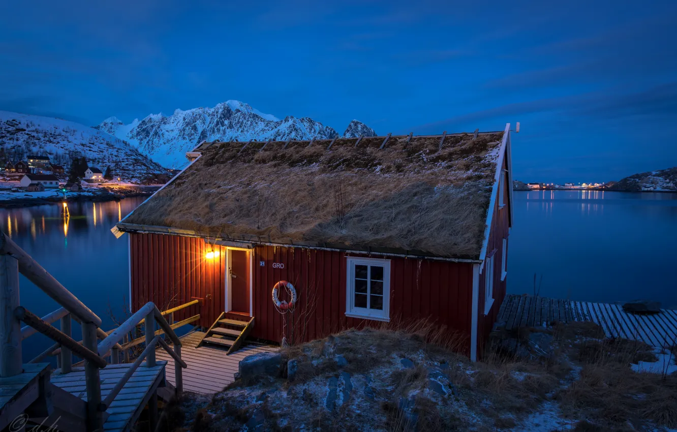 Photo wallpaper winter, snow, mountains, night, lights, Bay, Norway, Bay