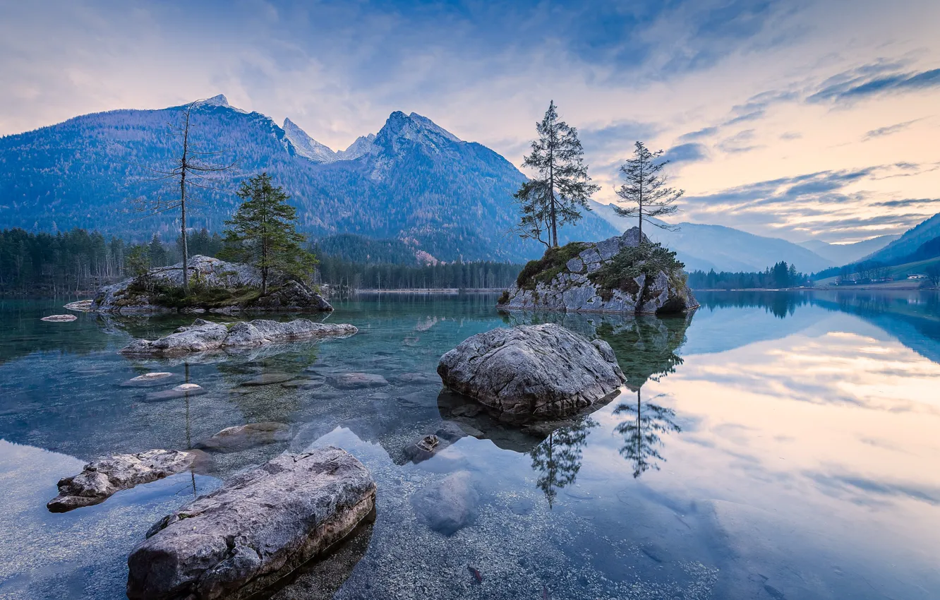 Photo wallpaper mountains, lake, reflection, boulders