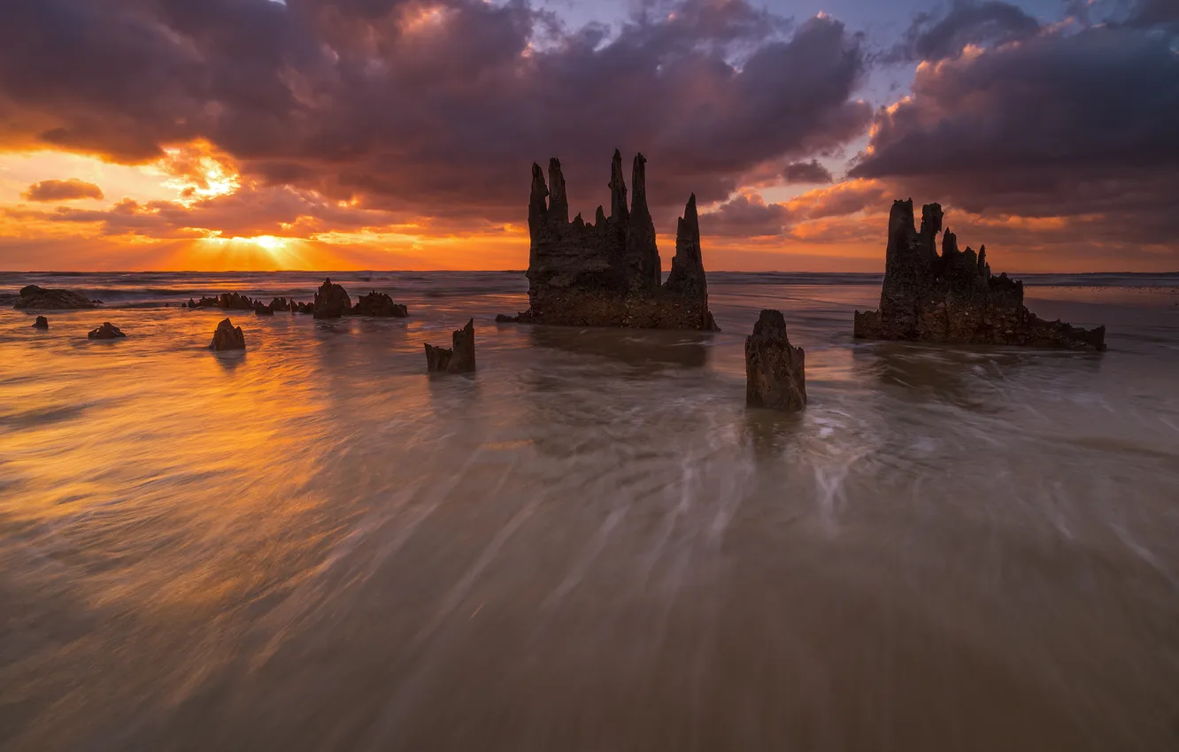 Photo wallpaper sea, landscape, sunset, rocks