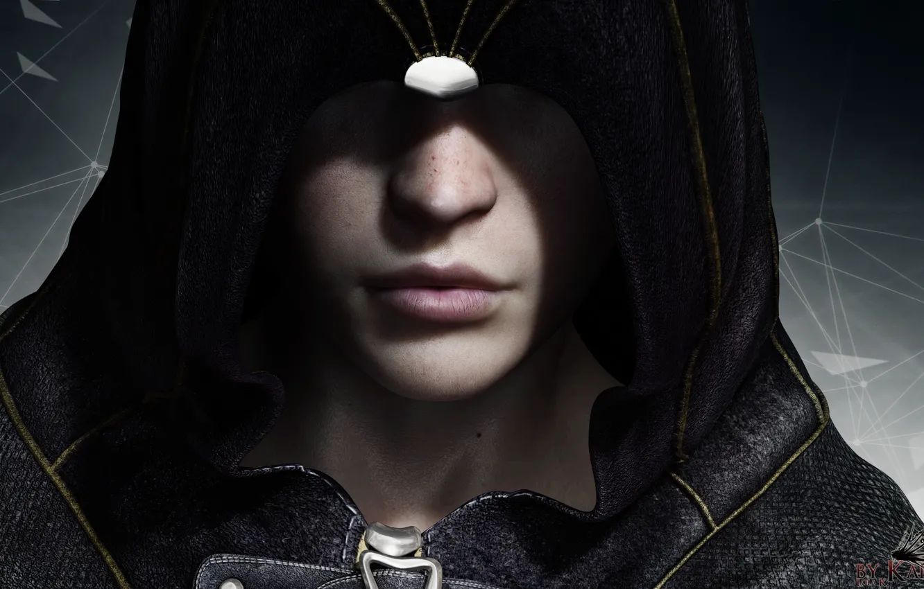 Photo wallpaper girl, face, rendering, hood, freckles, assassin