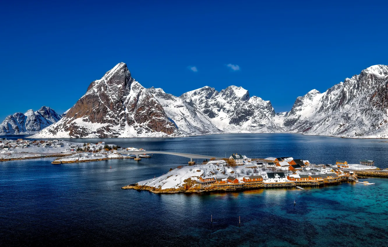 Photo wallpaper snow, mountains, island, village, Norway, panorama, houses, Norway