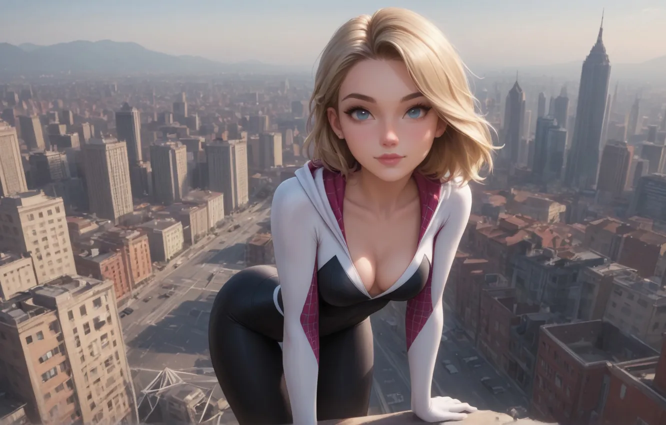 Photo wallpaper girl, city, blue eyes, blonde, Spider-Man, Gwen Stacy, hips, Spider Gwen