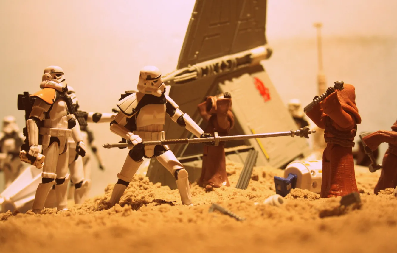 Photo wallpaper sand, Star Wars, spaceship, R2-D2, blasters, Jawas, Sandtrooper