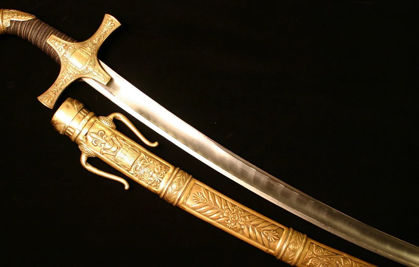 Photo wallpaper metal, sword, golden, gold, flower, weapon, wood, ken