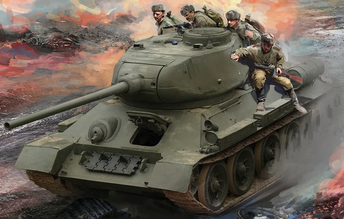 Photo wallpaper medium tank, T-34-85, Soviet infantry, Tank troops