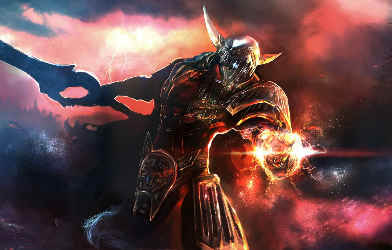 Photo wallpaper magic, lightning, sword, armor, warrior