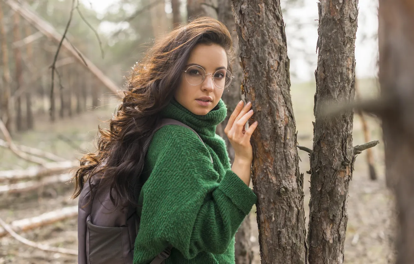 Photo wallpaper Charming, glasses, forest, woman, model, young, long-haired, beautiful
