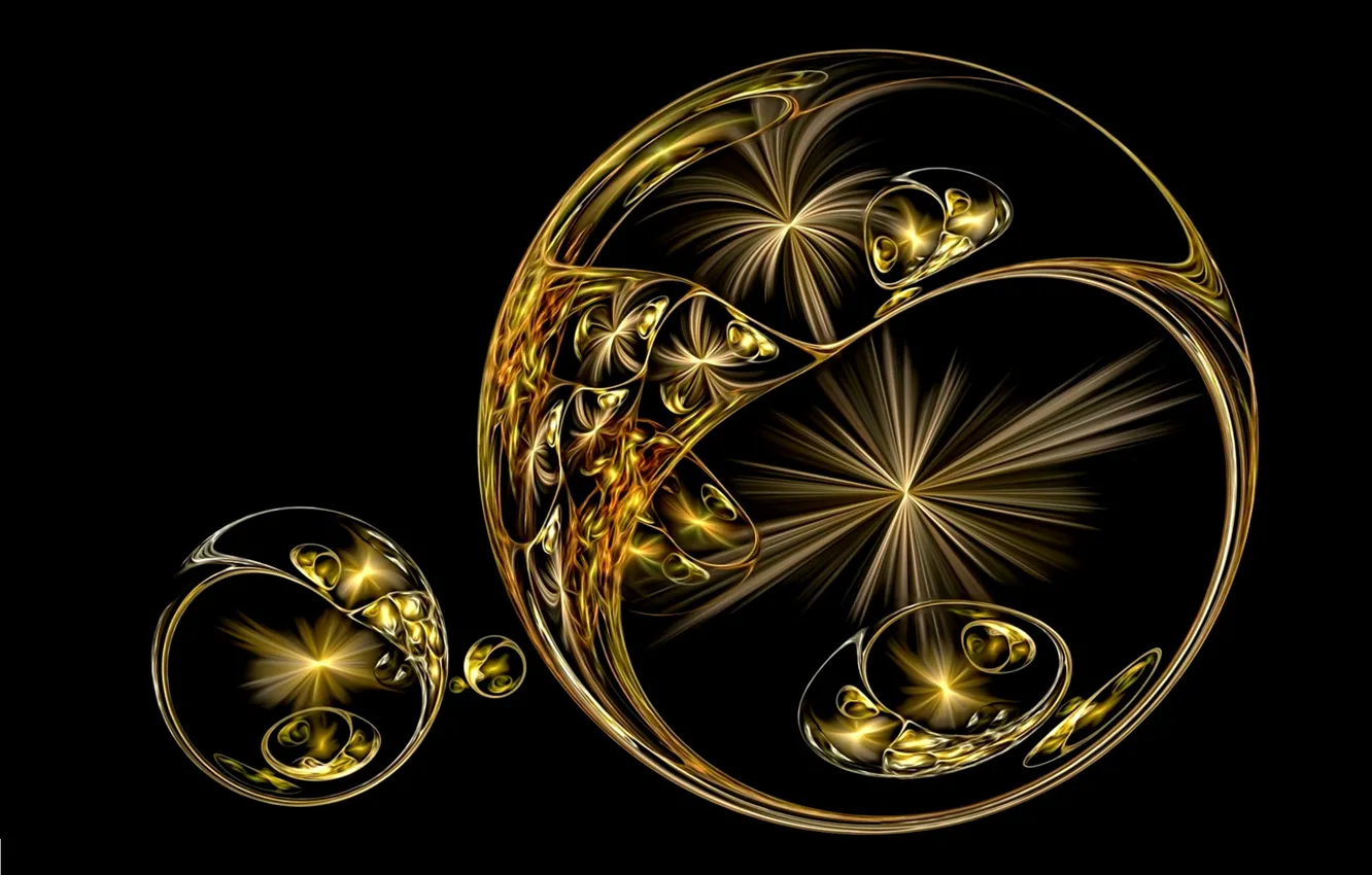 Photo wallpaper abstraction, rendering, fantasy, black background, picture, flash, lines of light, Golden spheres
