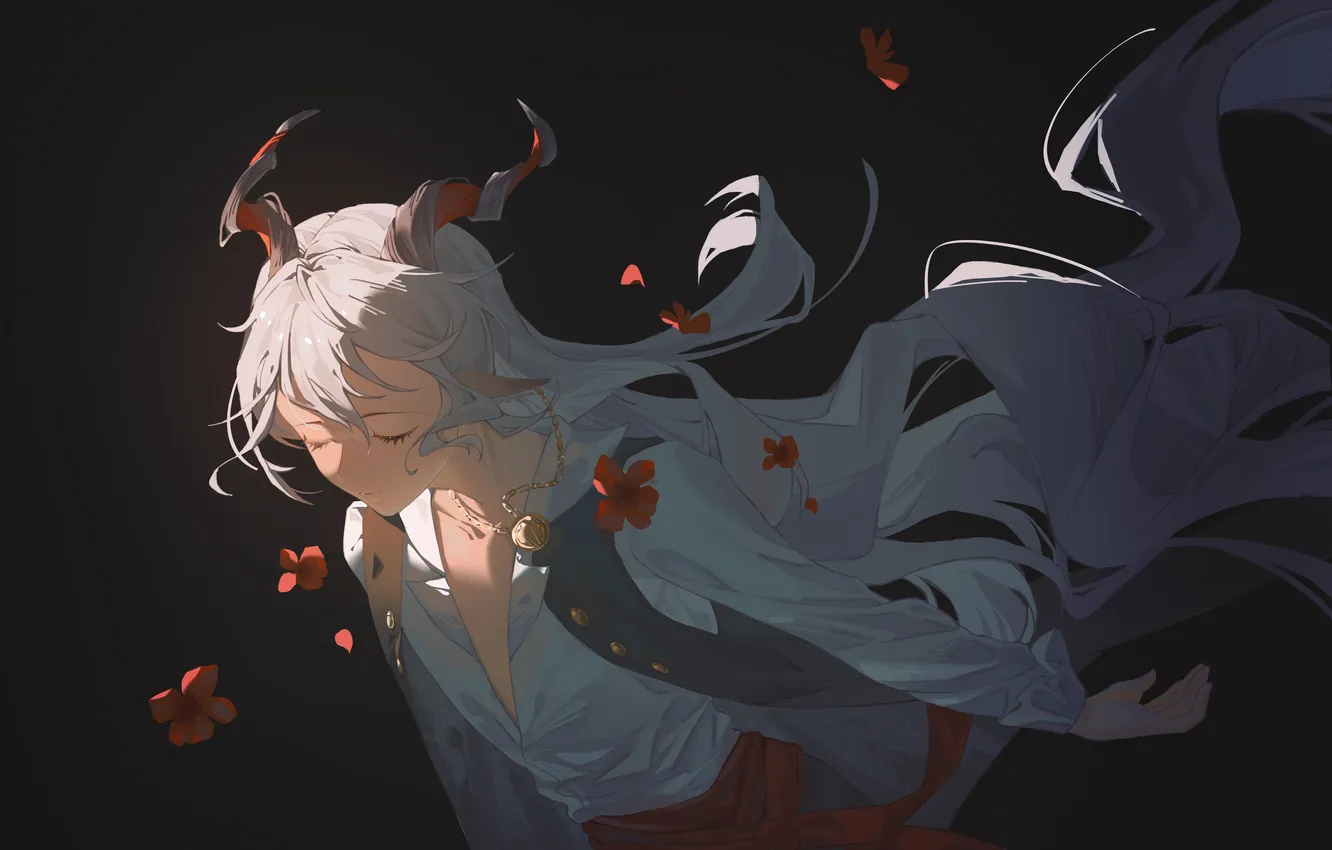 Photo wallpaper flowers, horns, guy, Arknights, Chalk