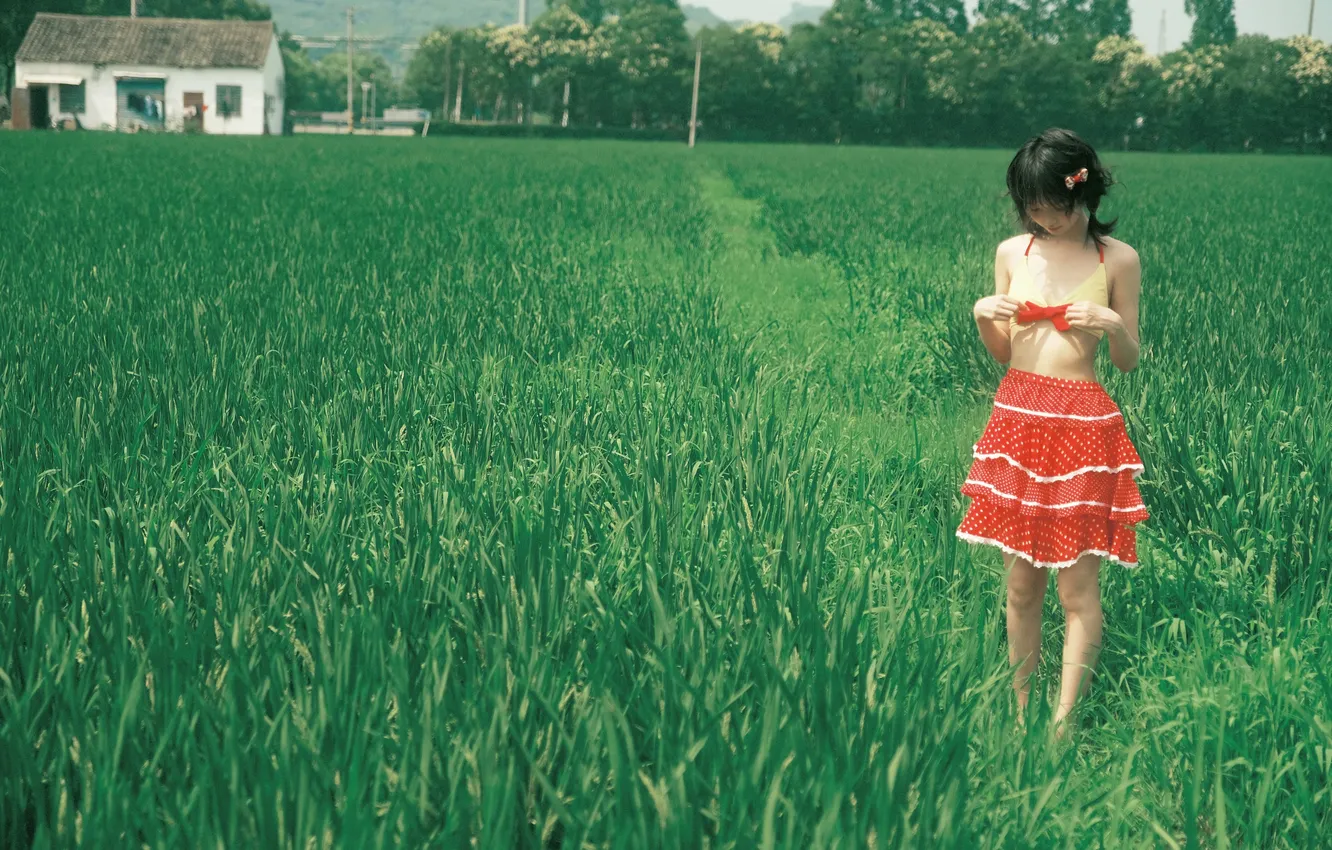 Photo wallpaper House, Asian, Model, Woman, Red Dress, Sunny, Outdoor, Plants