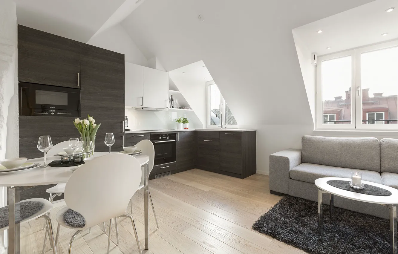Photo wallpaper design, style, interior, kitchen, living room, dining room, city apartment, Attic Apartment