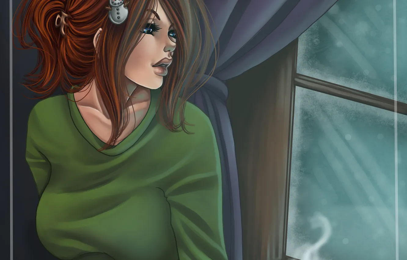 Photo wallpaper winter, girl, snow, face, hair, coffee, morning, window