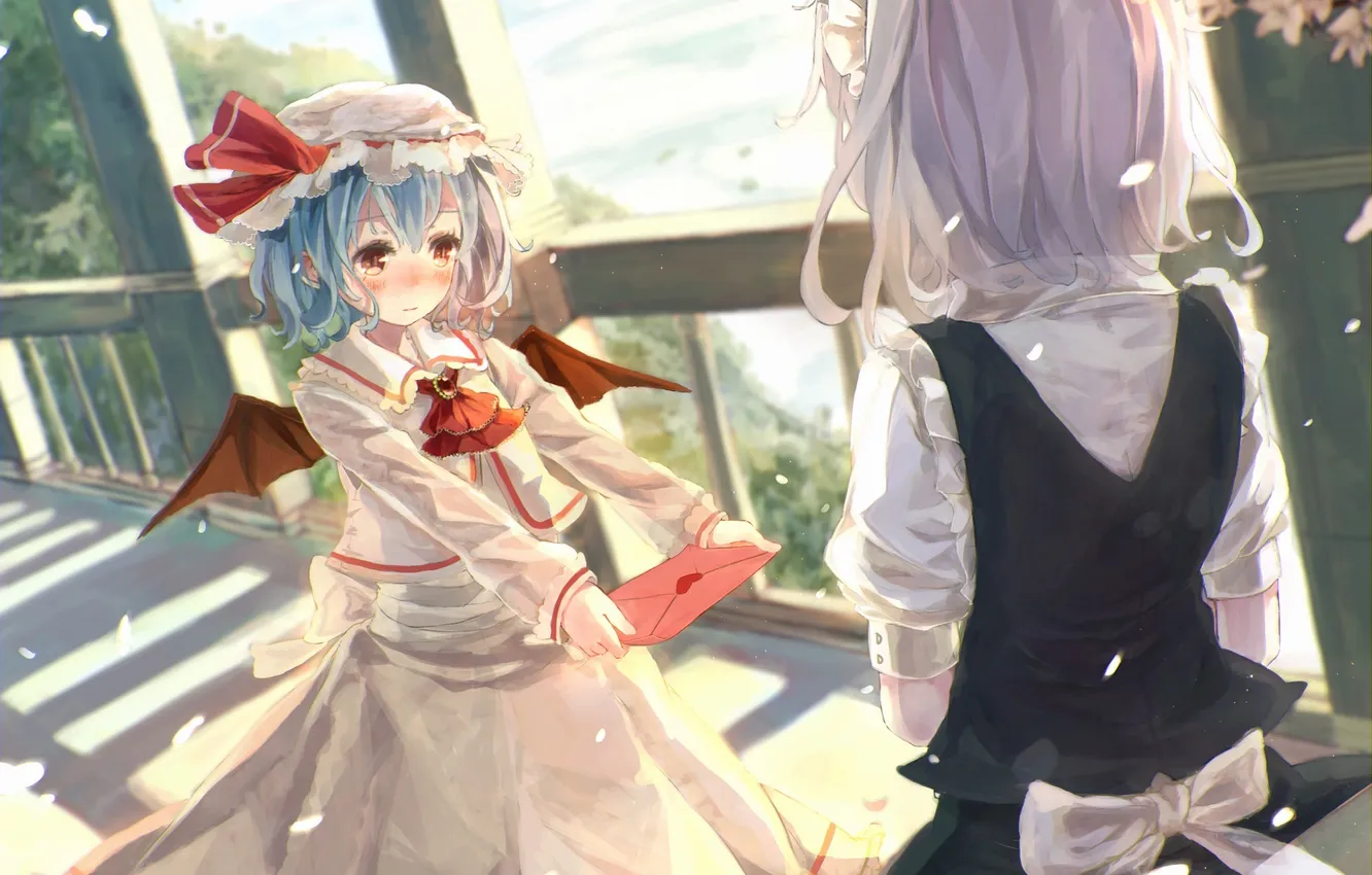 Photo wallpaper letter, girl, the wind, wings, petals, dress, touhou, the maid