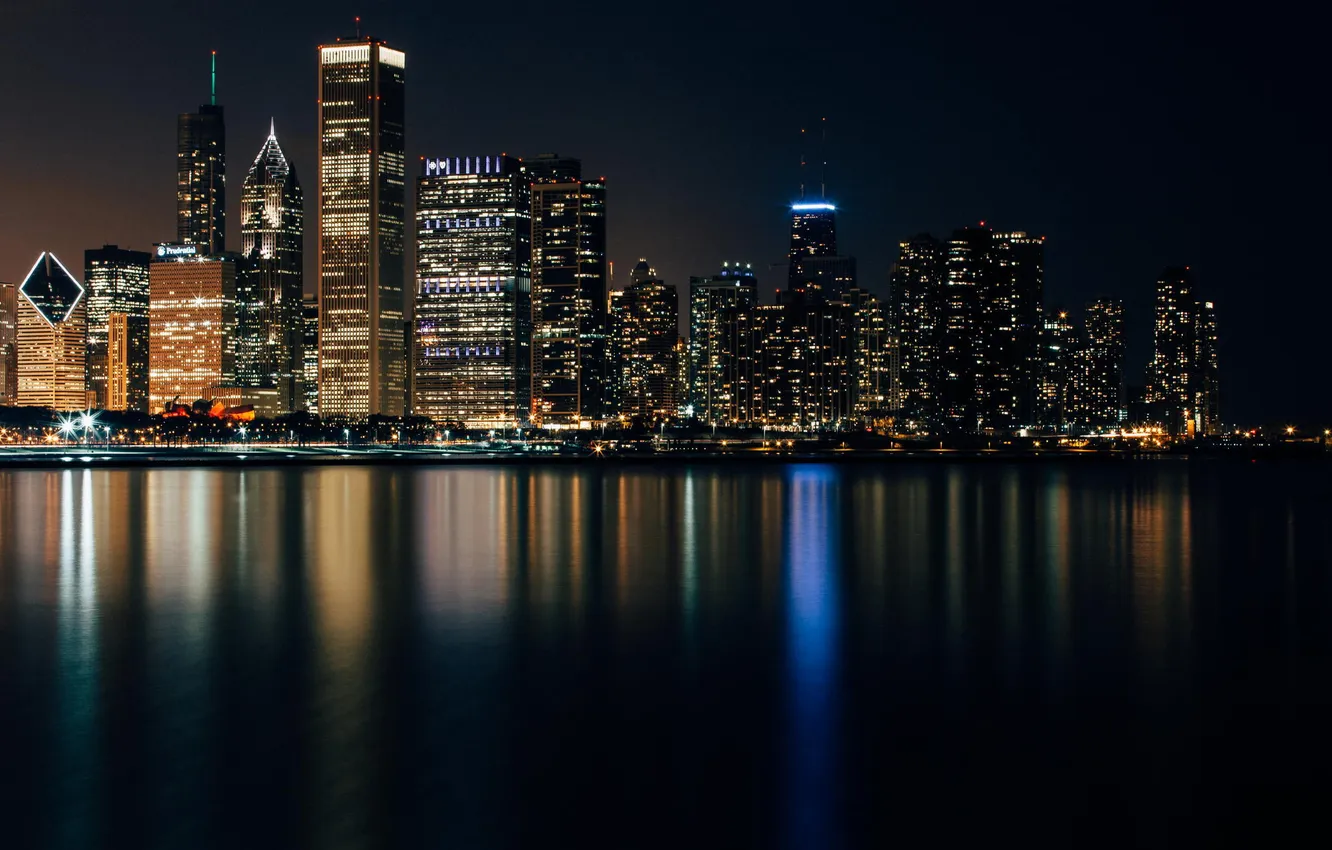 Photo wallpaper night, lights, building, skyscrapers, Chicago, Michigan, panorama, America