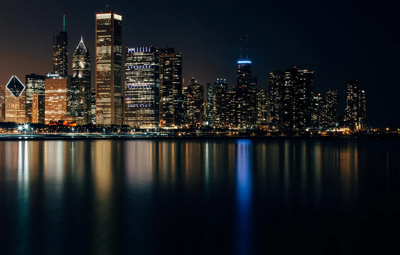 Photo wallpaper Lights, Night, Panorama, Chicago, Michigan, Skyscrapers, Building, America