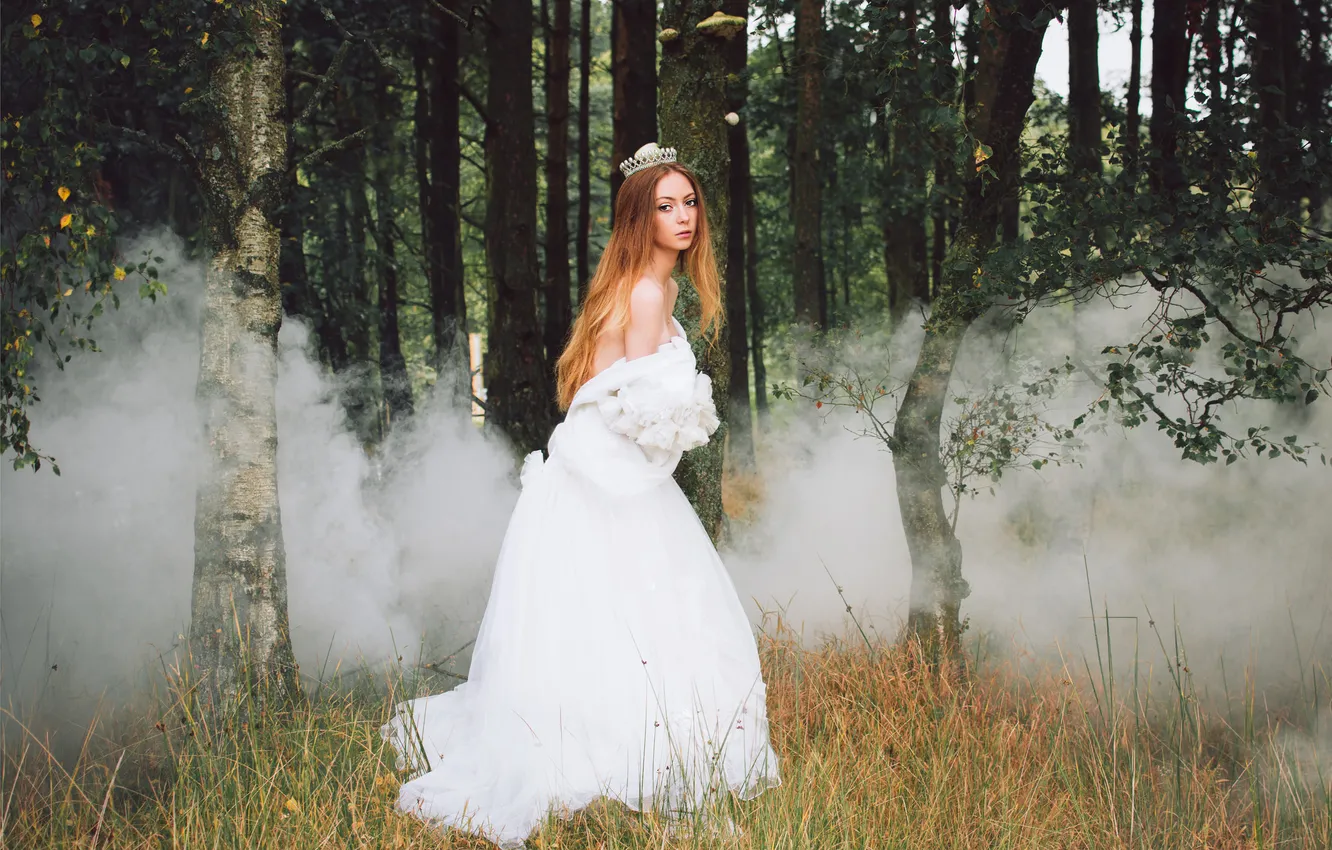 Photo wallpaper forest, girl, trees, hair, smoke, crown, white dress, direct look