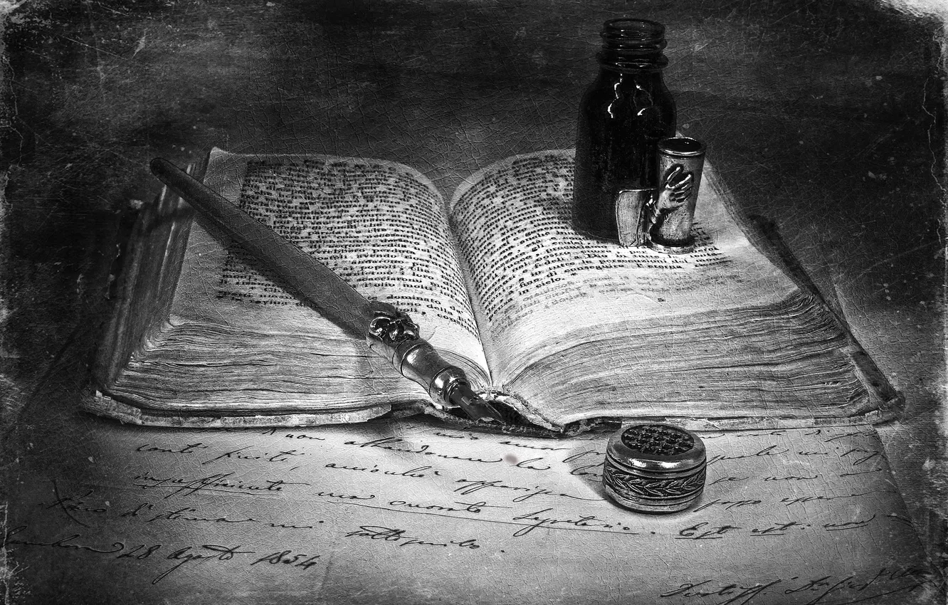 Photo wallpaper TEXT, WORDS, Black and WHITE, BOOK, HANDLE, PEN, INK, MASCARA