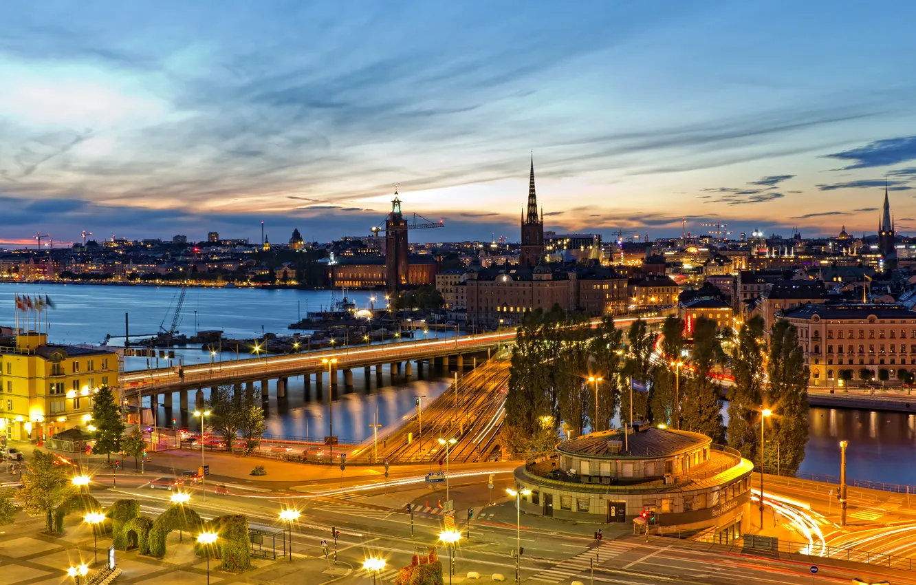 Photo wallpaper road, the sky, lights, home, the evening, Stockholm, Sweden, Sweden