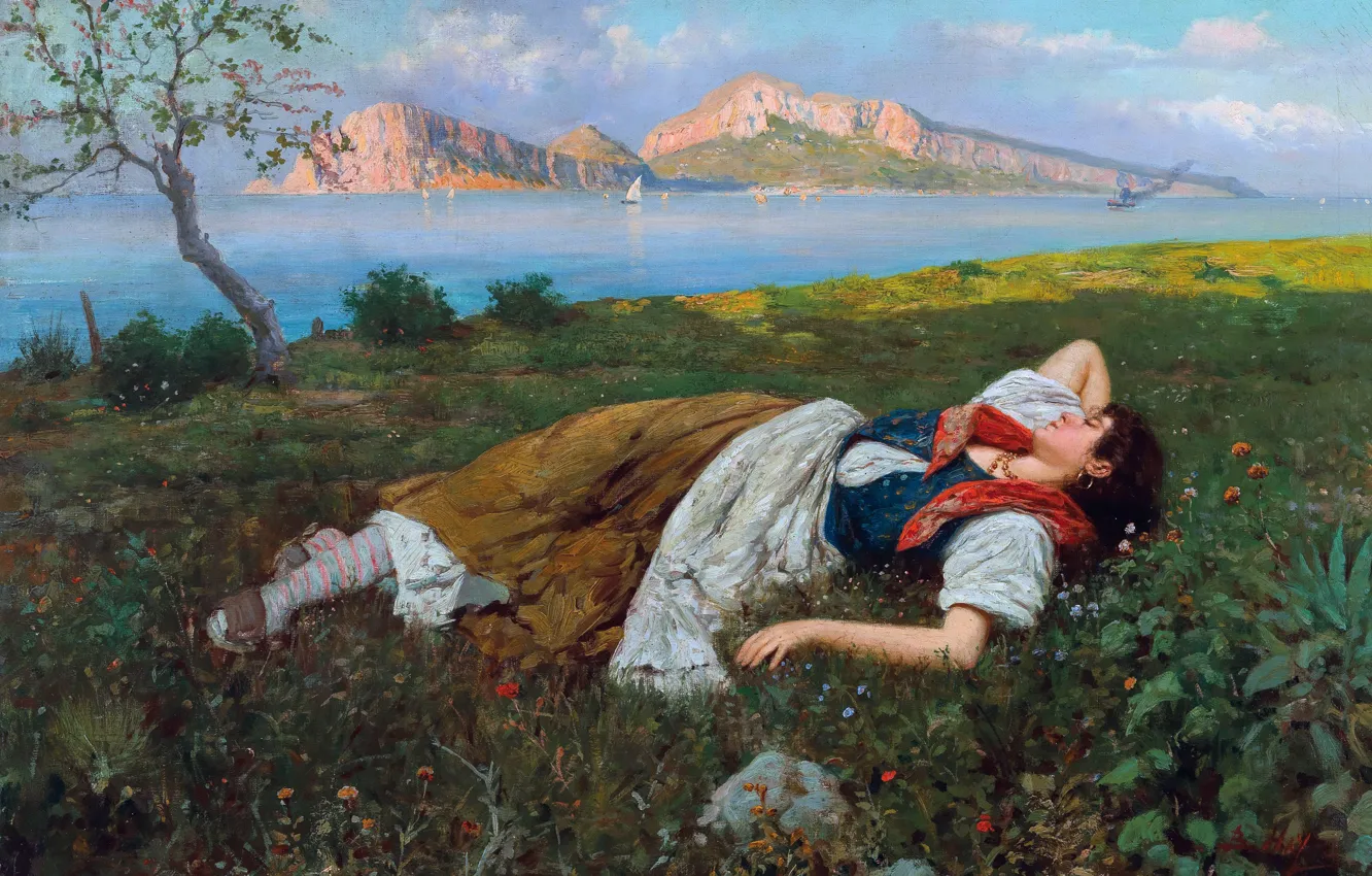 Photo wallpaper girl, picture, lies, Capri, summer day, British artist, Bernardo Hay, Bernard Hay