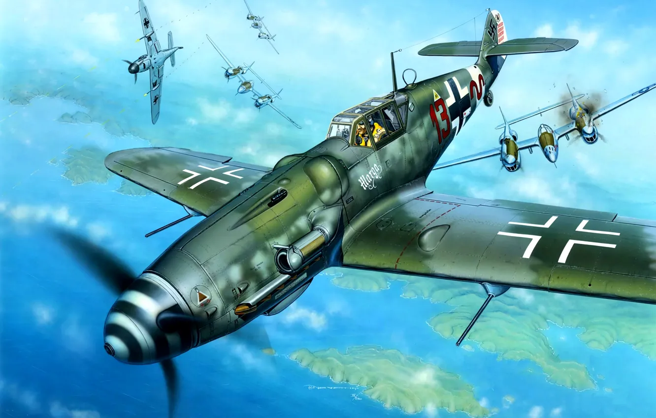Photo wallpaper Messerschmitt, USAF, WWII, P-38 Lightning, Heinrich Bartels, Bf.109G-6/trop, Bf-109G-6, 11./JG27