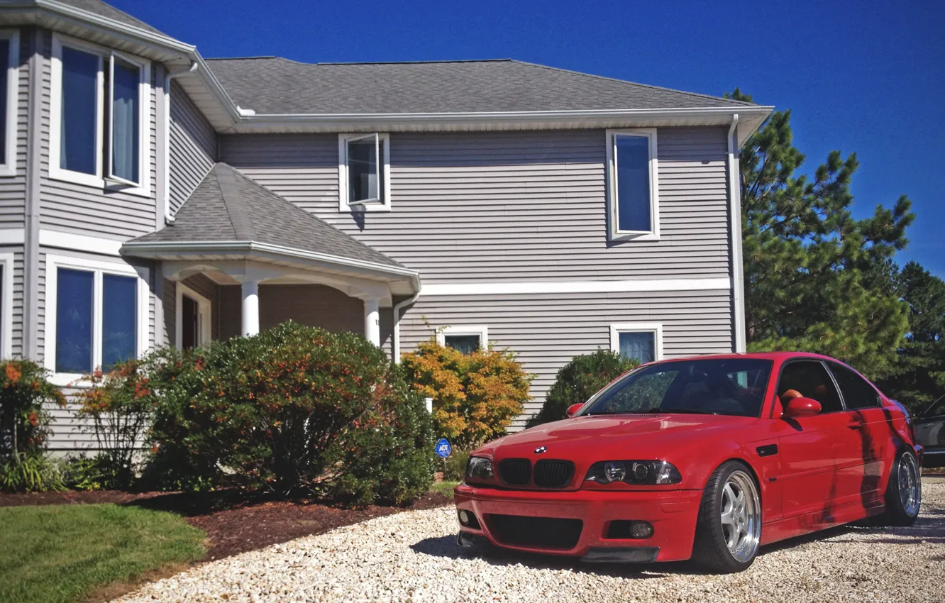 Photo wallpaper BMW, house, bushes, E46, M3