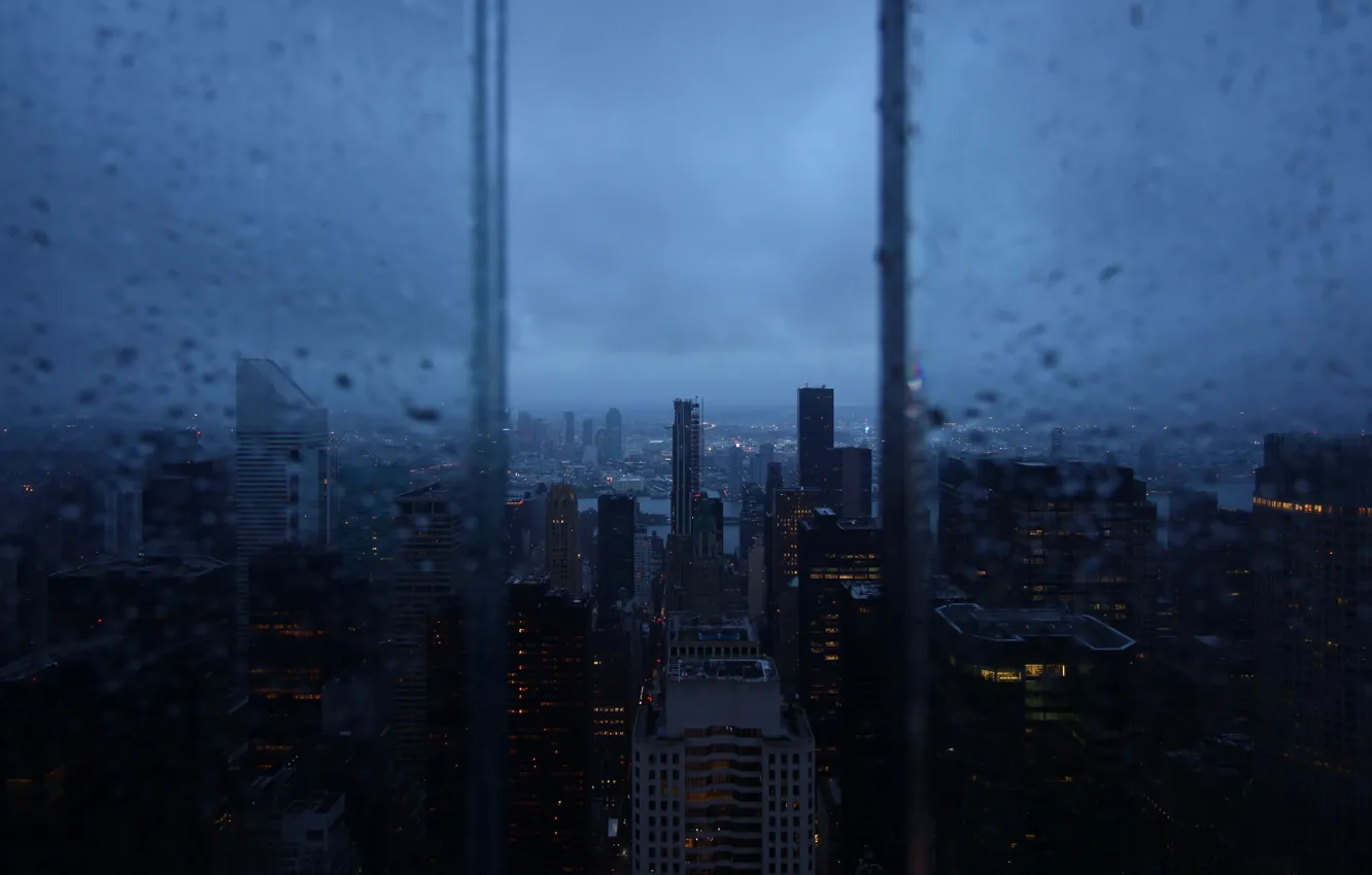 Photo wallpaper city, wallpaper, rain, window, skyscrapers, night city, rain drops, aerial view
