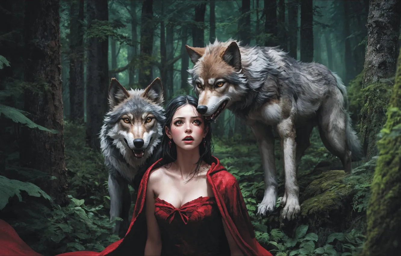 Photo wallpaper forest, girl, wolf, fantasy, trio, different