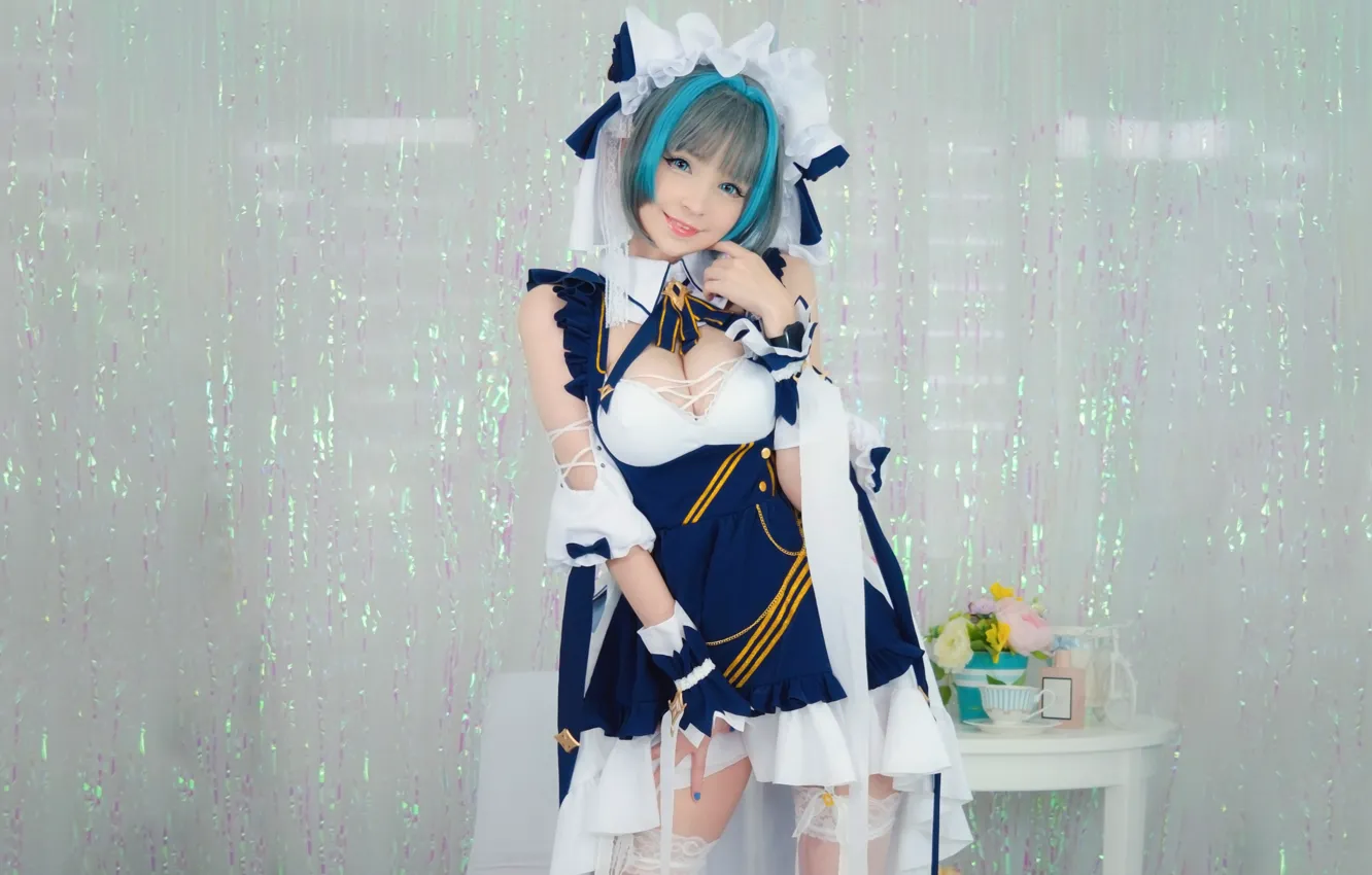 Photo wallpaper girl, sexy, cleavage, thighhighs, dress, boobs, smile, blue eyes