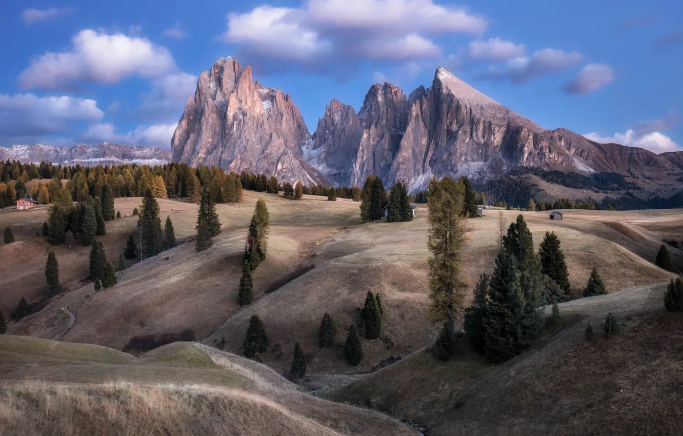 Photo wallpaper clouds, trees, mountains, hills, Alps