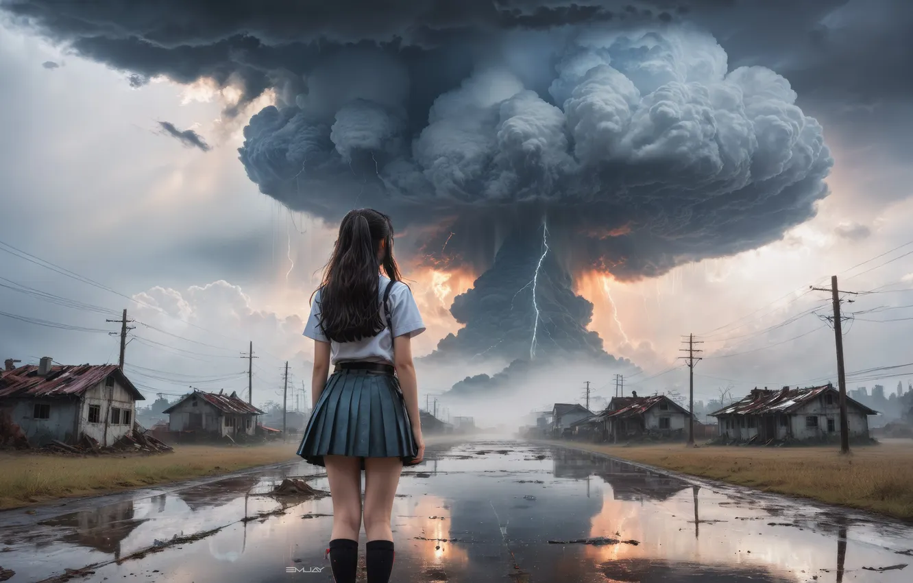 Photo wallpaper road, girl, the explosion, home, a nuclear explosion, digital art, AI art, The Art of …