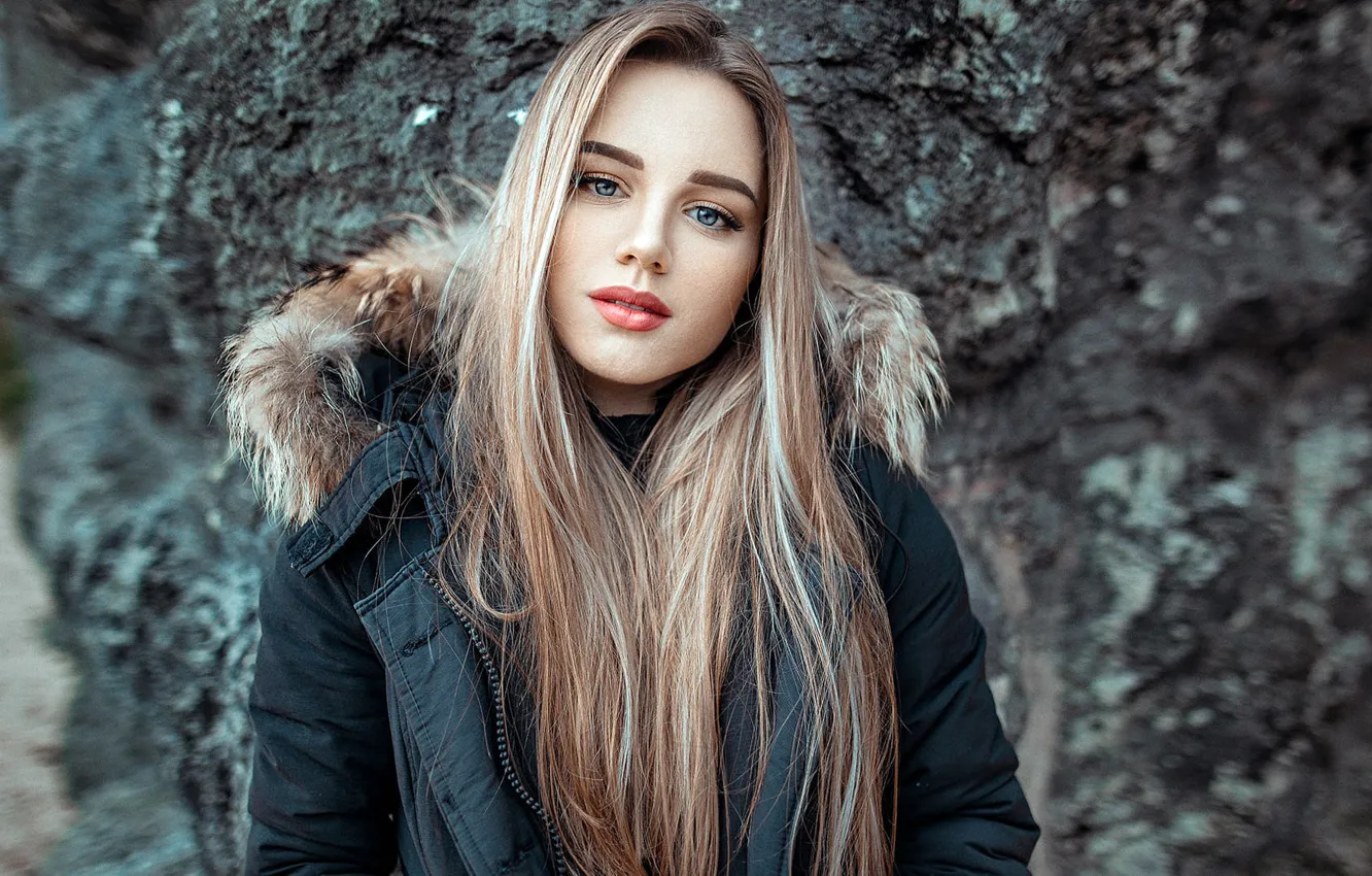 Photo wallpaper look, stones, background, model, portrait, makeup, jacket, hairstyle