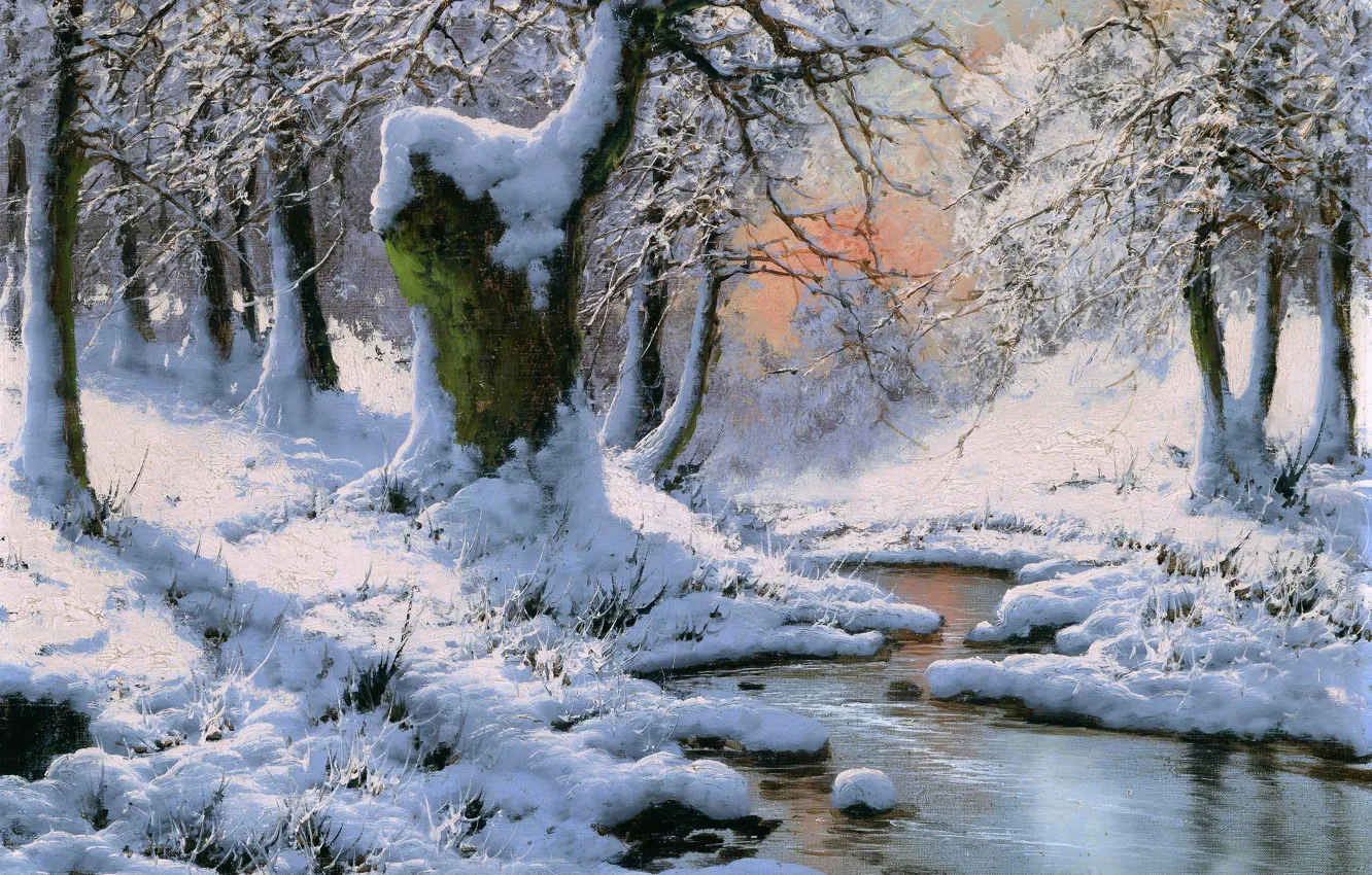Photo wallpaper Winter, Trees, Snow, Stream, Picture, Laszlo Neogrady, Laszlo Nogradi, Winter landscape with a stream