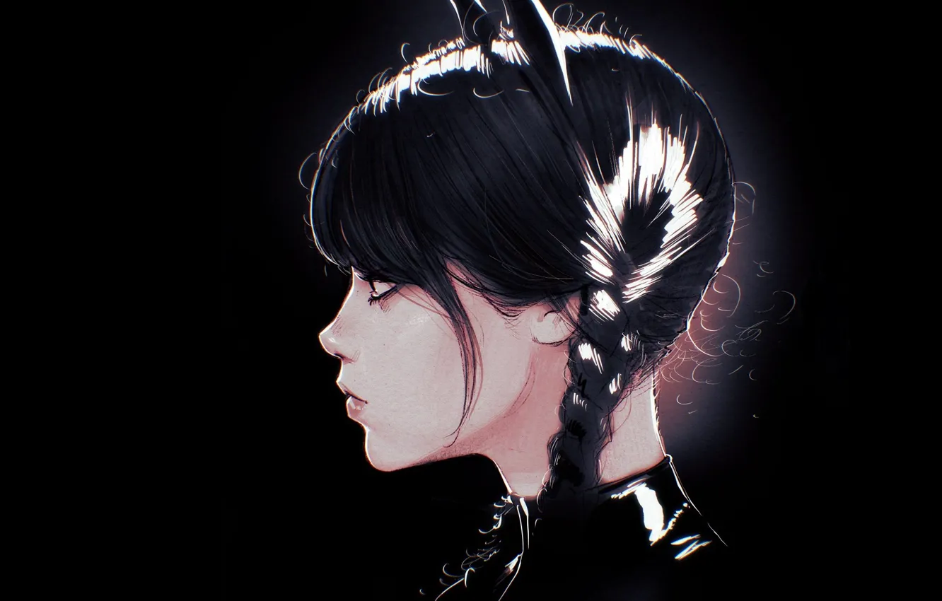 Photo wallpaper black background, black hair, baby, in profile, cat ears