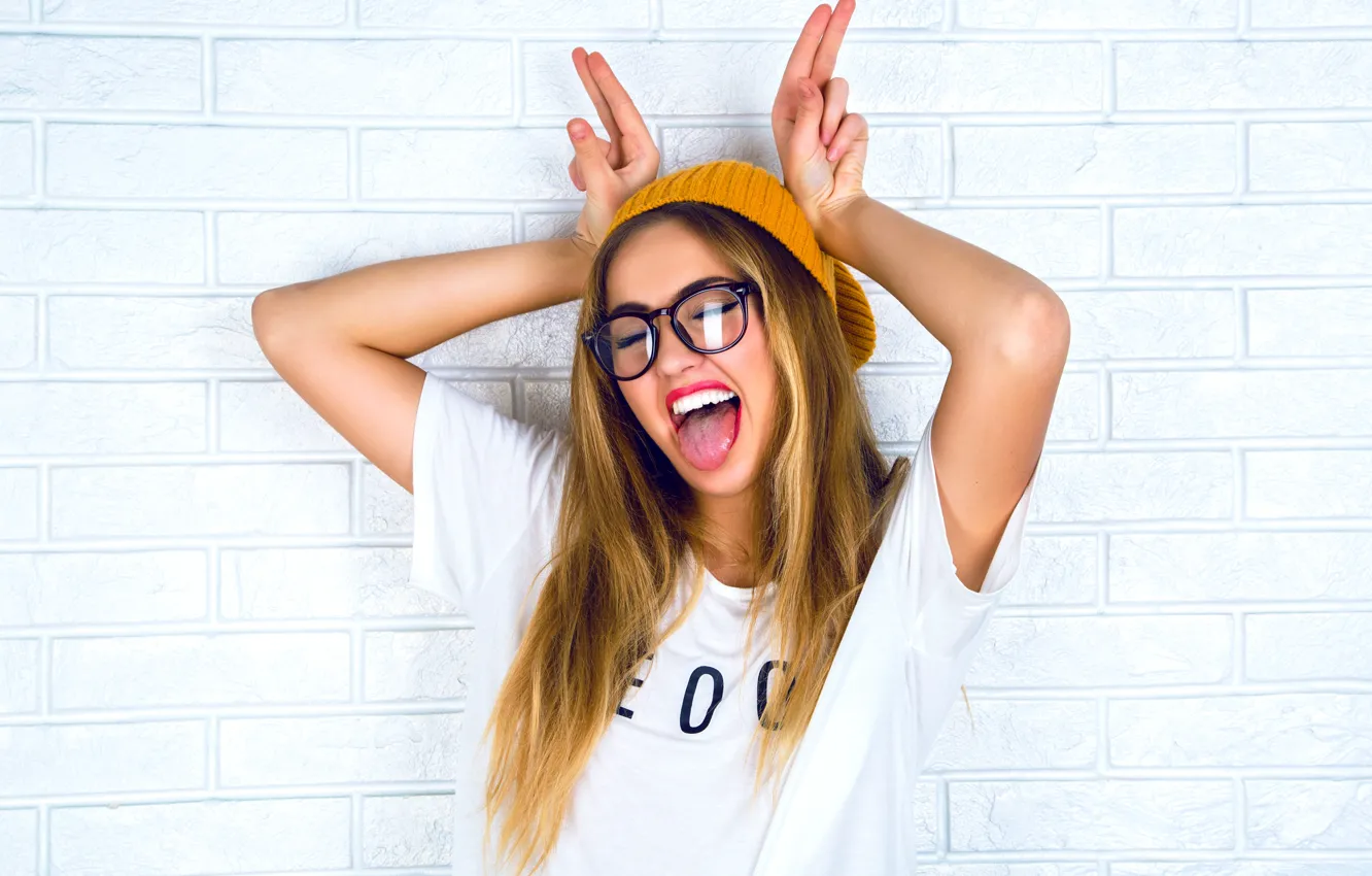 Photo wallpaper girl, mood, lipstick, glasses, Bunny, ears