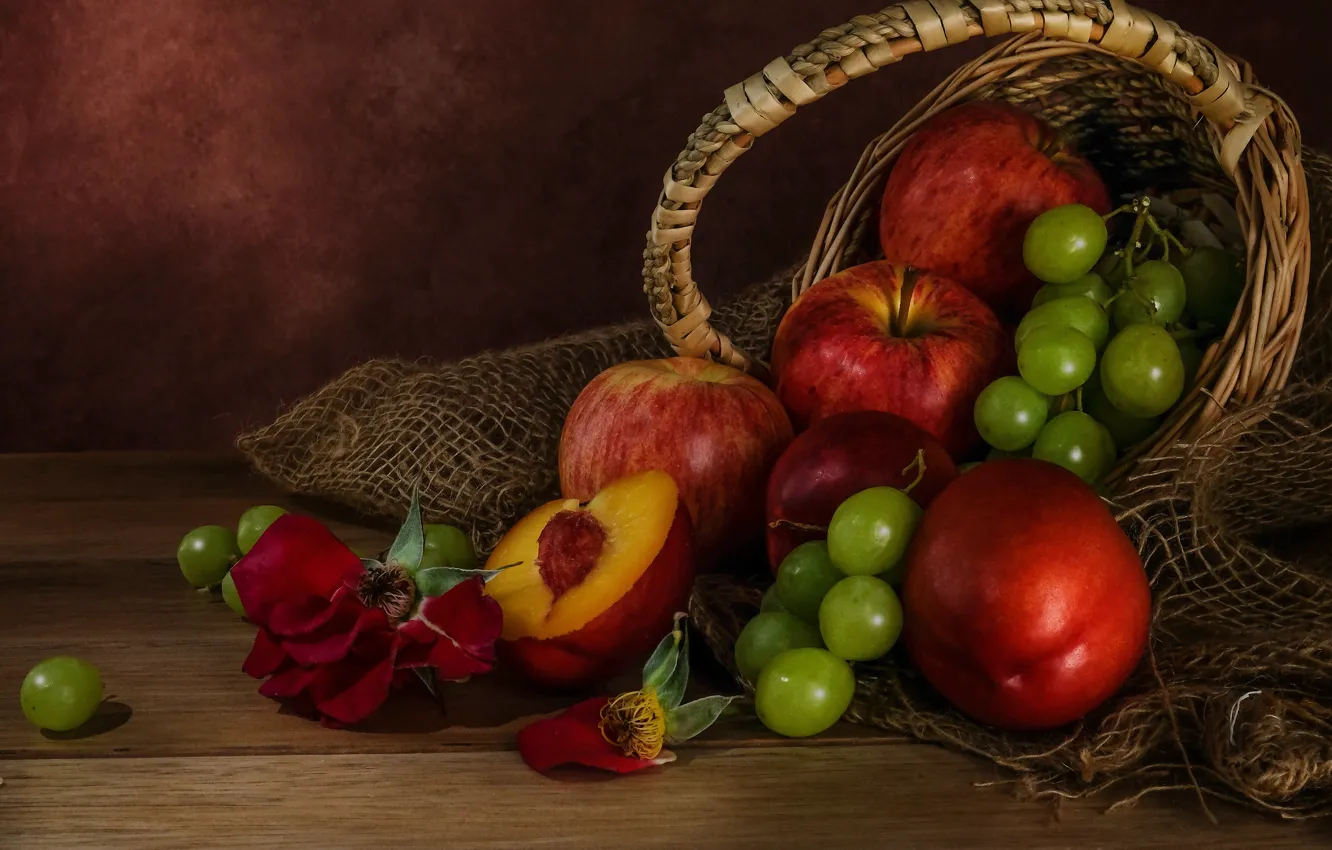 Photo wallpaper apples, rose, grapes, fruit, still life, basket, peaches