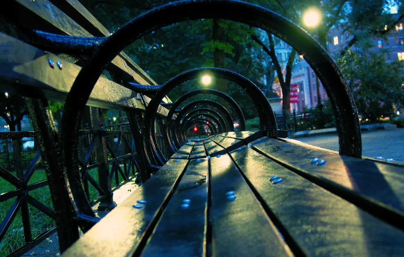 Photo wallpaper bench, night, rain, street, lights, after