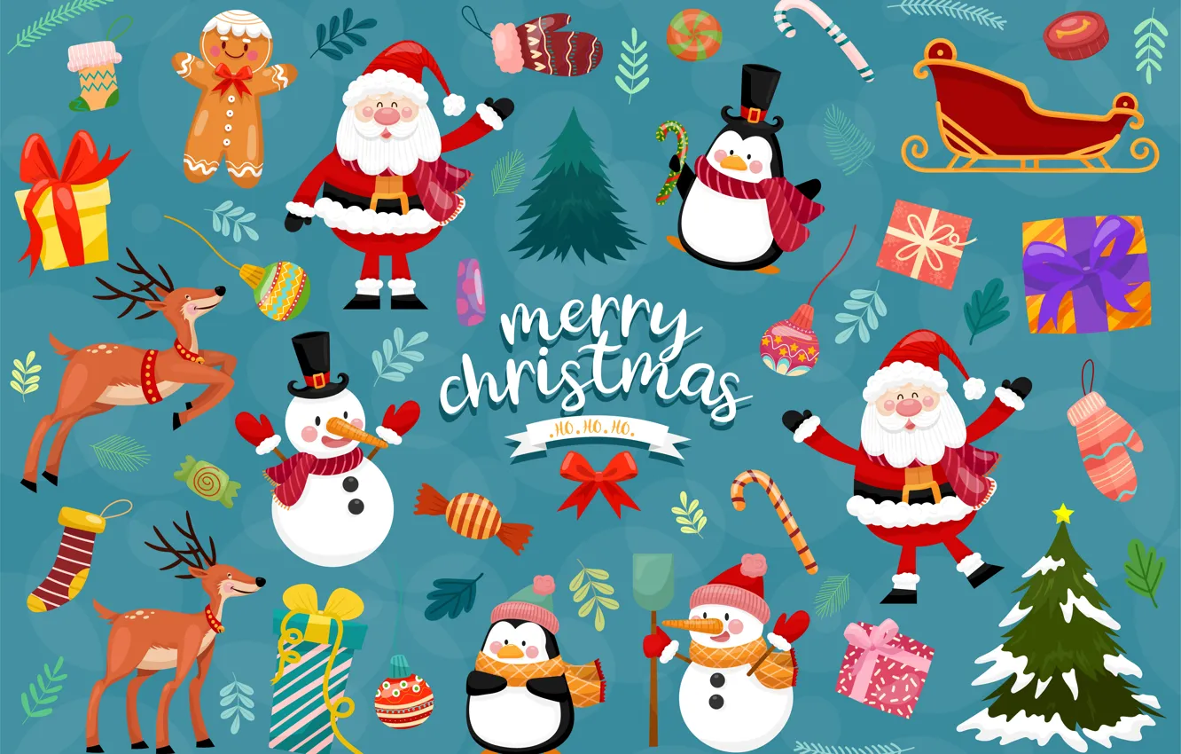 Photo wallpaper penguins, Christmas, new year, snowman