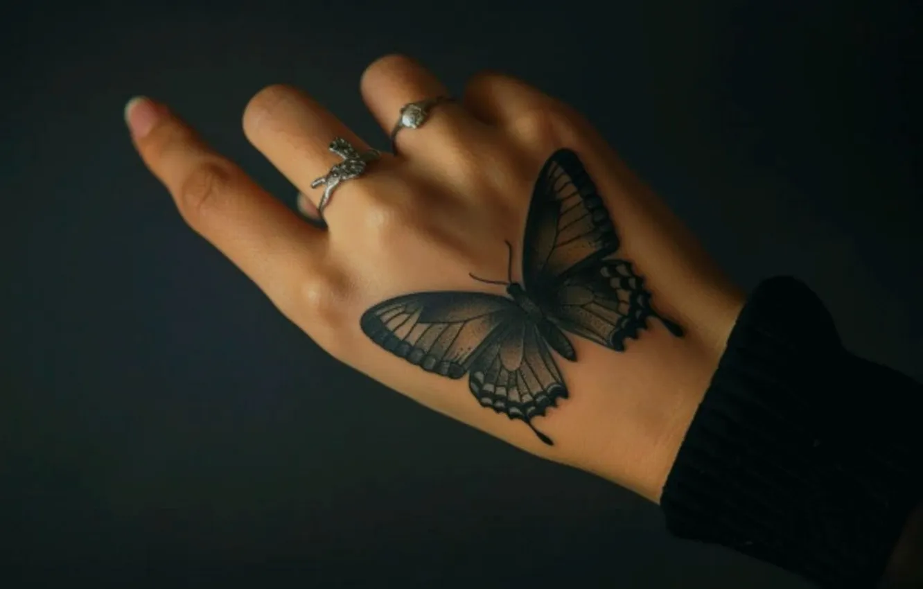 Photo wallpaper hands, tattoo butterfly, rings on the fingers