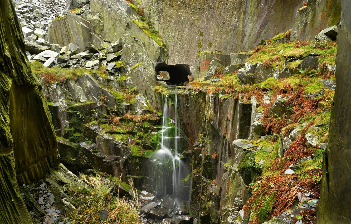 Photo wallpaper stones, rocks, waterfall, the tunnel, Wales