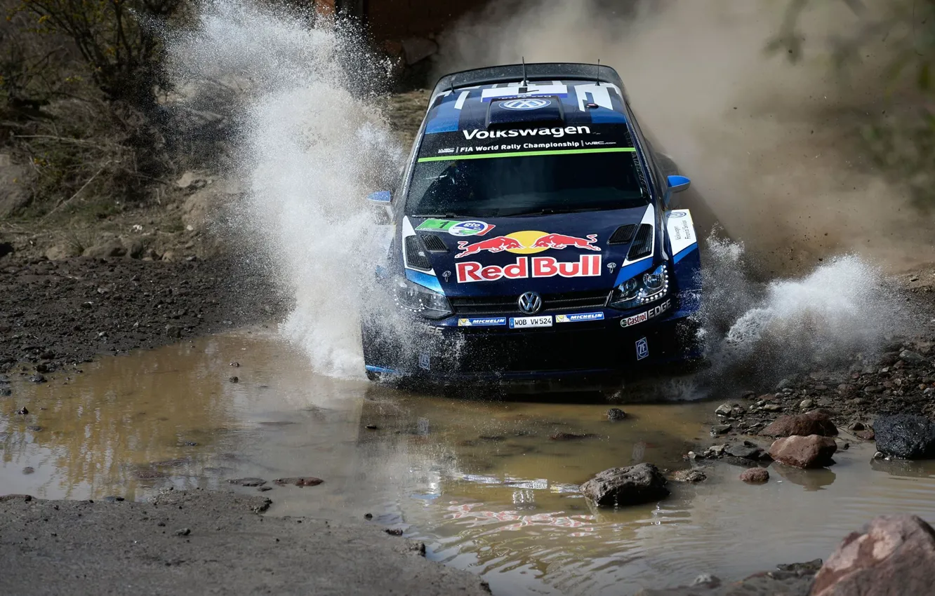 Photo wallpaper squirt, reflection, stones, Volkswagen, WRC, Rally, Polo, Ford