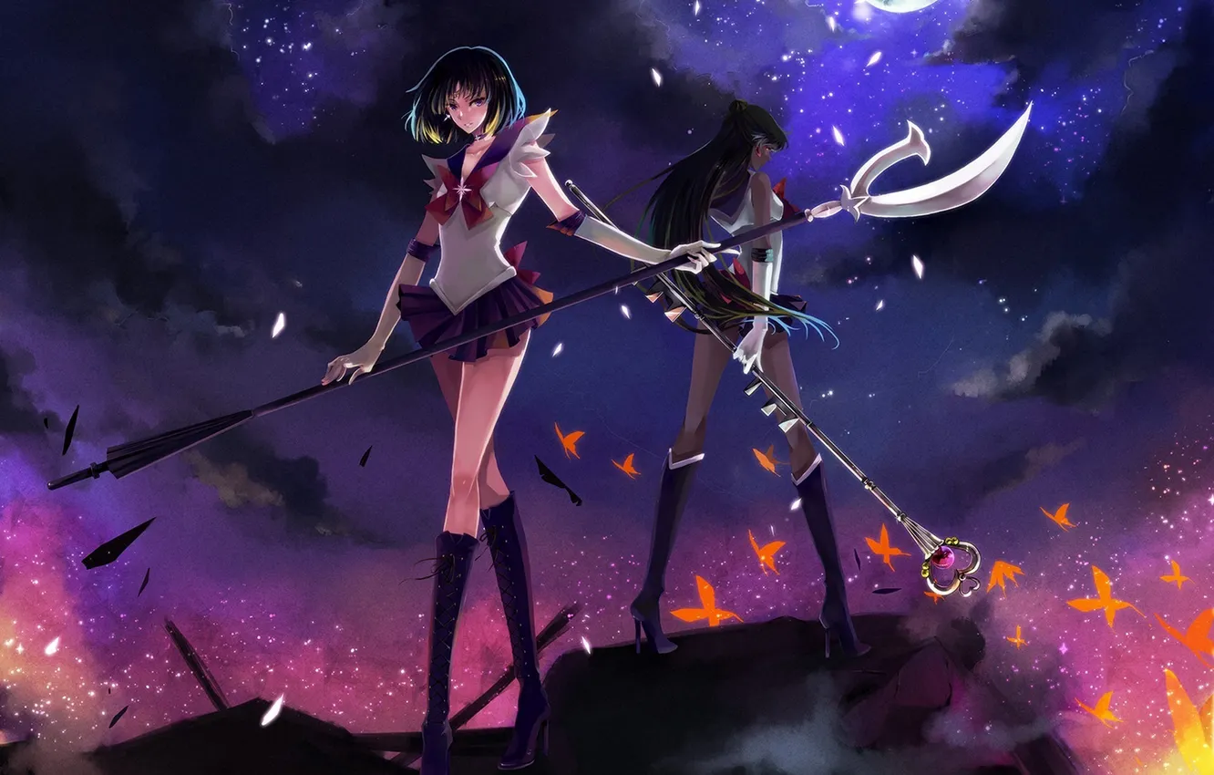 Photo wallpaper the sky, stars, clouds, night, weapons, girls, fire, the moon