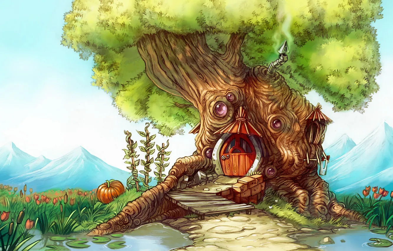 Photo wallpaper grass, trees, flowers, bridge, figure, swamp, home, art