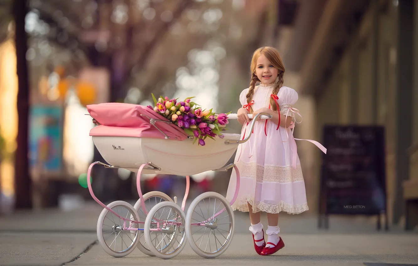 Photo wallpaper flowers, girl, stroller