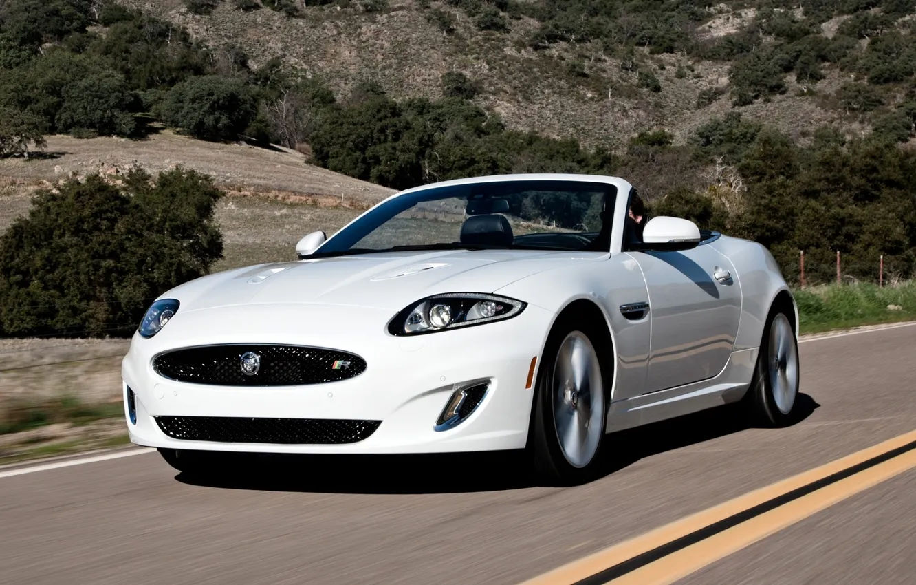 Photo wallpaper road, white, trees, Jaguar, XKR, Jaguar, convertible, the front