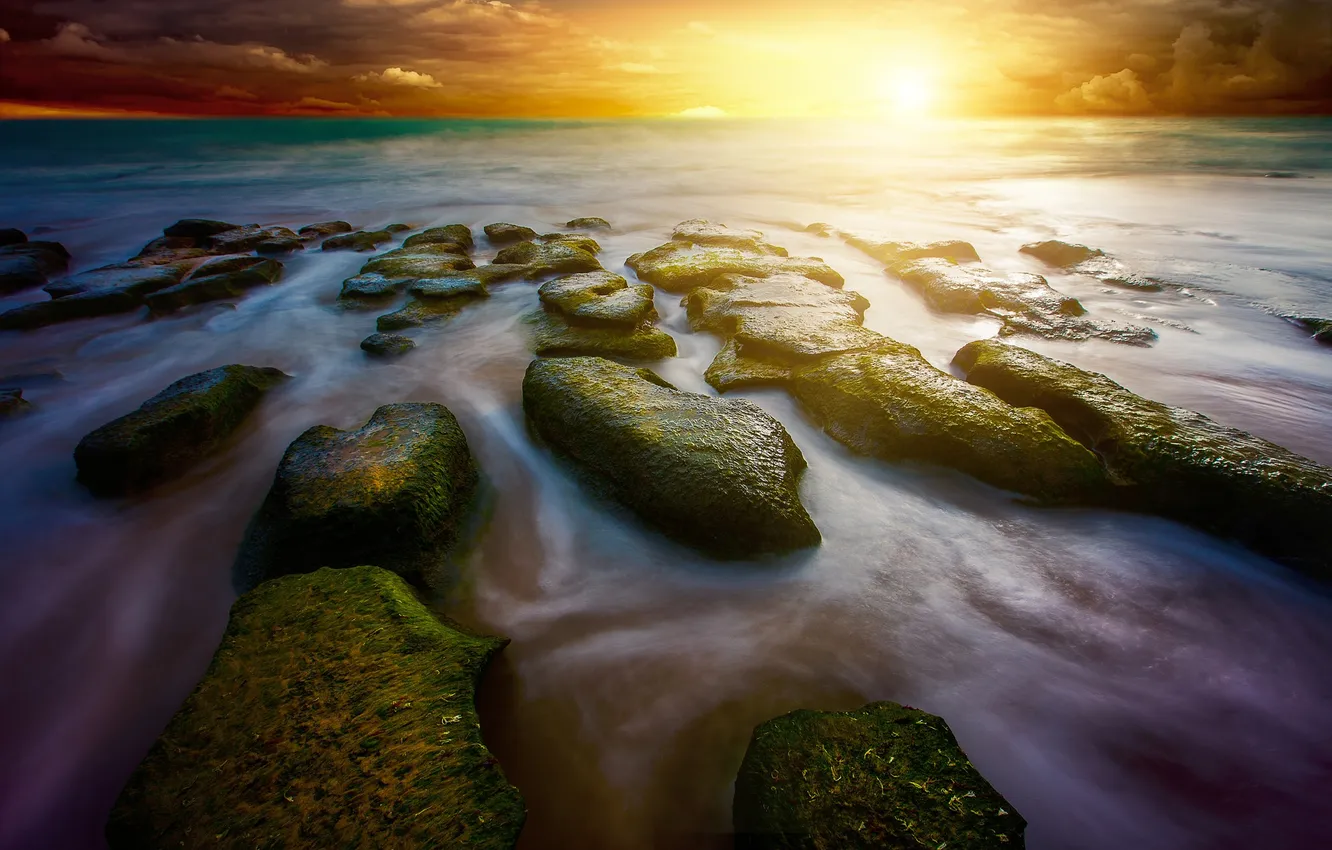 Photo wallpaper sea, the sky, stones, dawn, shore