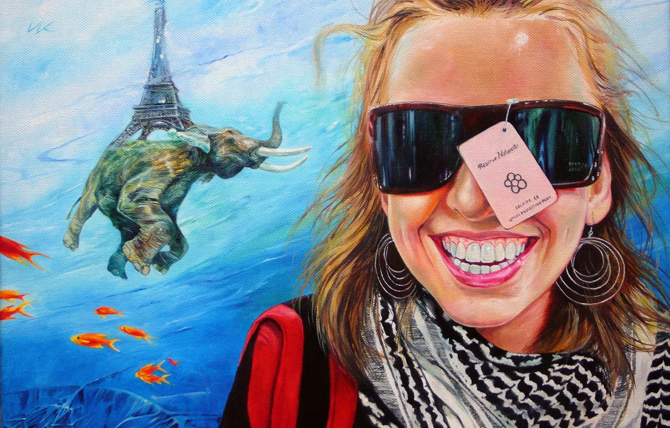 Photo wallpaper girl, fish, abstraction, smile, figure, Eiffel tower, elephant, glasses